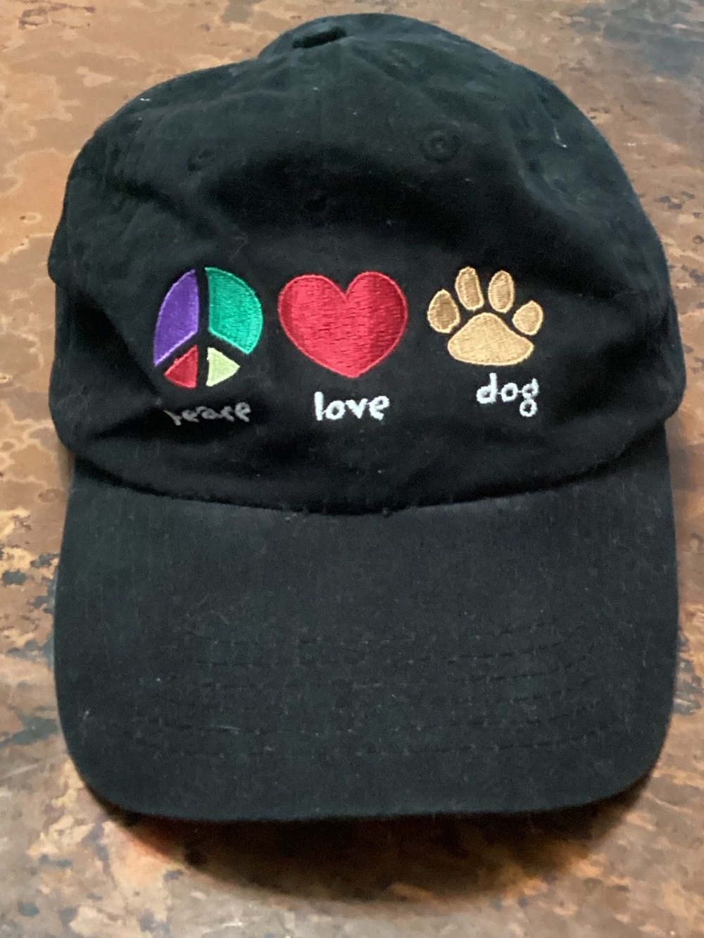 Black Embroidered Peace Love Dog Baseball Cap